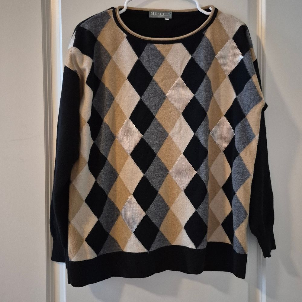 MUSETTI ITALY CASHMERE  WOOL ARGYLE  CREWNECK SWEATER SEQUINS SIZE 4